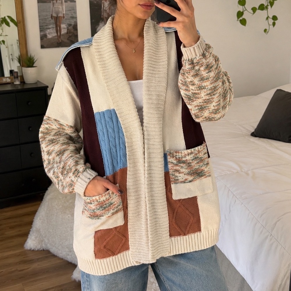 POL Patchwork Colorblock Cardigan Sweater Boho Knit comfy indie cozy